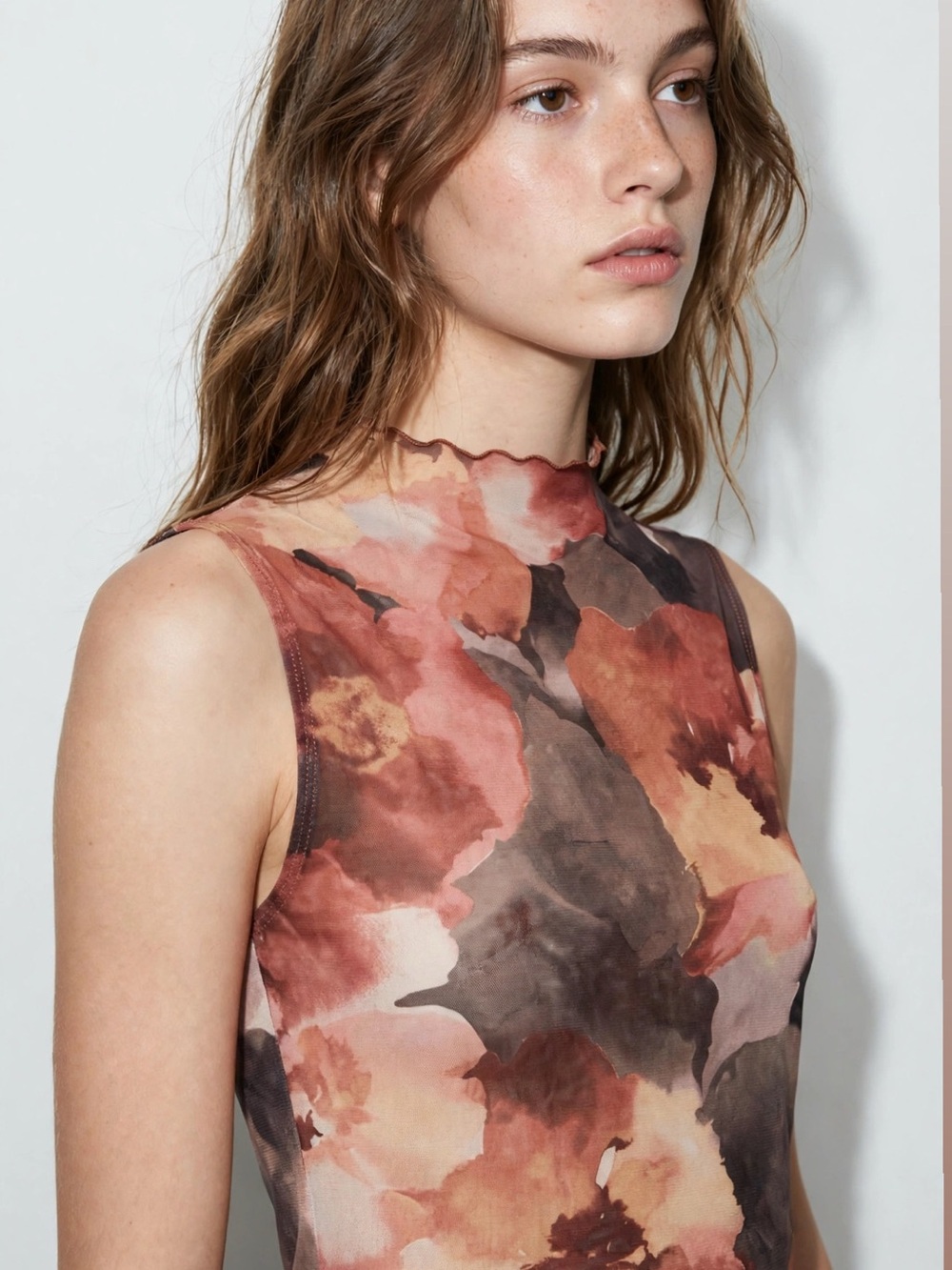 Sleeveless Floral Mock-Neck Dress in Rust Multi